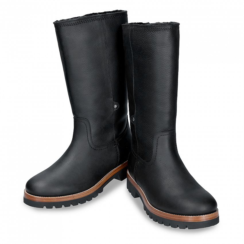 Bambina Black Napa Grass, Flat women's Boot  WATERPROOF Black Oiled Napa Leather.