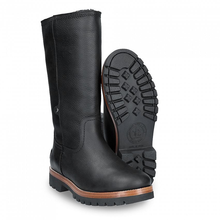 Bambina Black Napa Grass, Flat women's Boot  WATERPROOF Black Oiled Napa Leather.