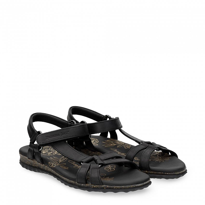 Caribel Basics Black Napa Grass, Flat woman's sandals with Velcro Closure.
