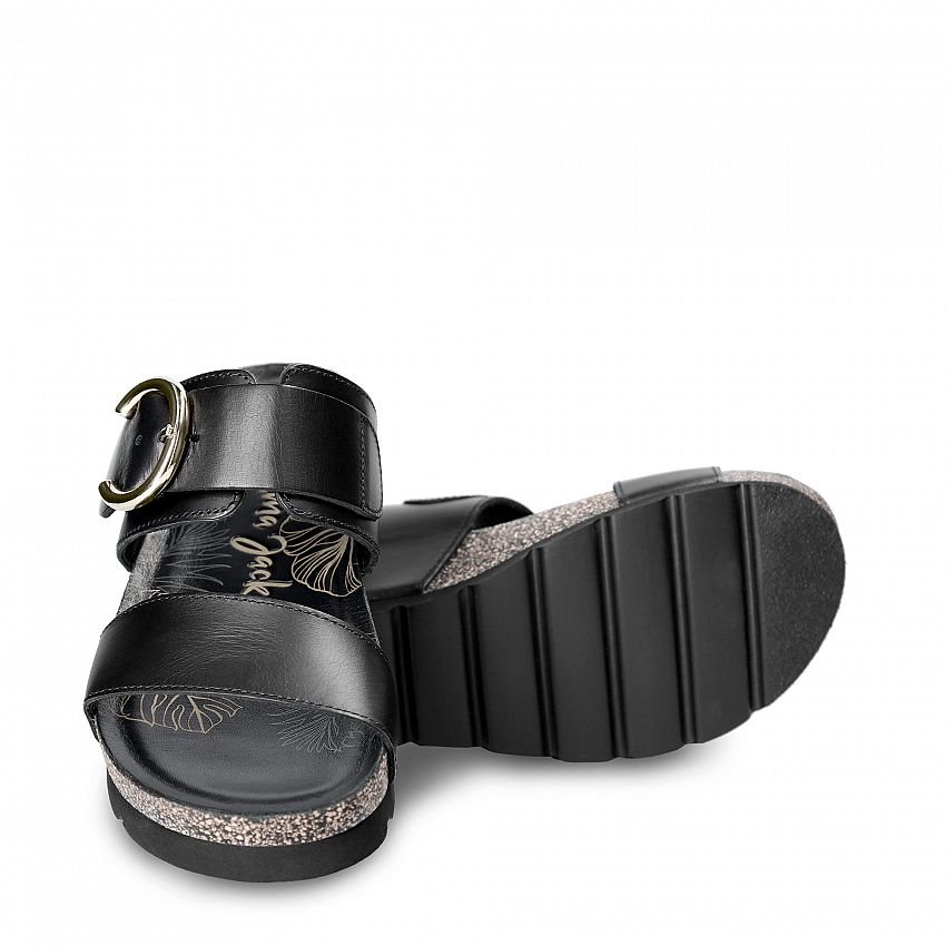 Catrina Black Pull-Up, Wedge sandals with Buckle Closure.
