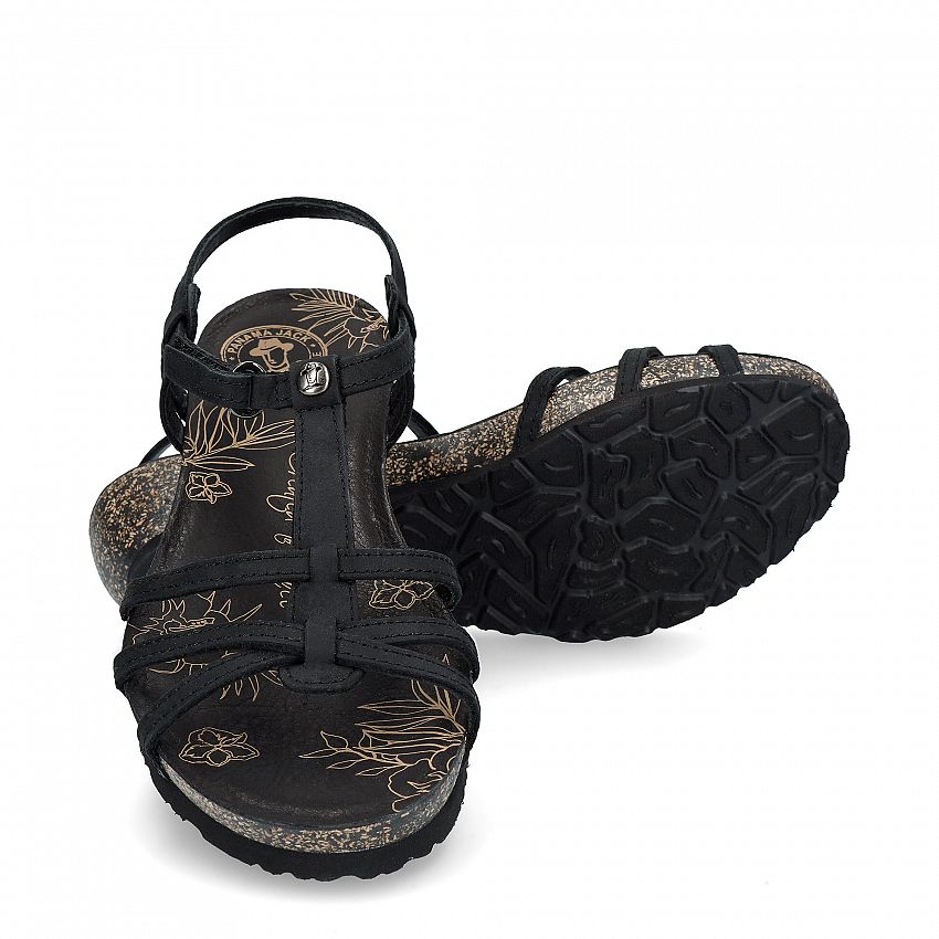 Dori Basics Black Napa Grass, Flat woman's sandals with Velcro Closure.