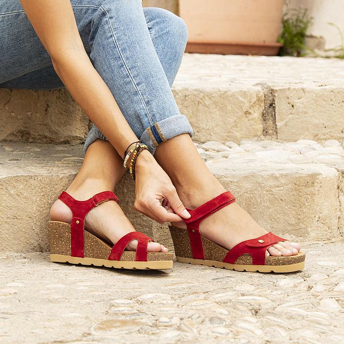 Julia Red Velour, Wedge sandals with Velcro Closure.