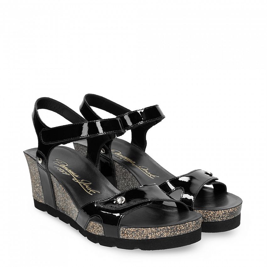 Julia Black Charol, Wedge sandals with Velcro Closure.