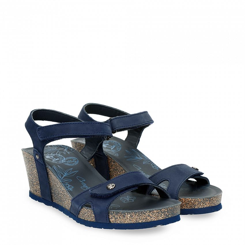 Julia Basics Navy blue Nobuck, Wedge sandals with Velcro Closure.