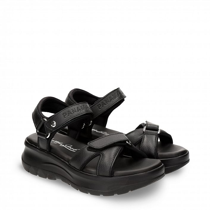 Newel Black Napa, Flat woman's sandals with Velcro Closure.