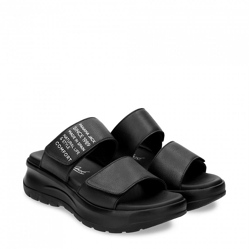 Nila Black Napa, Flat woman's sandals with Velcro Closure.