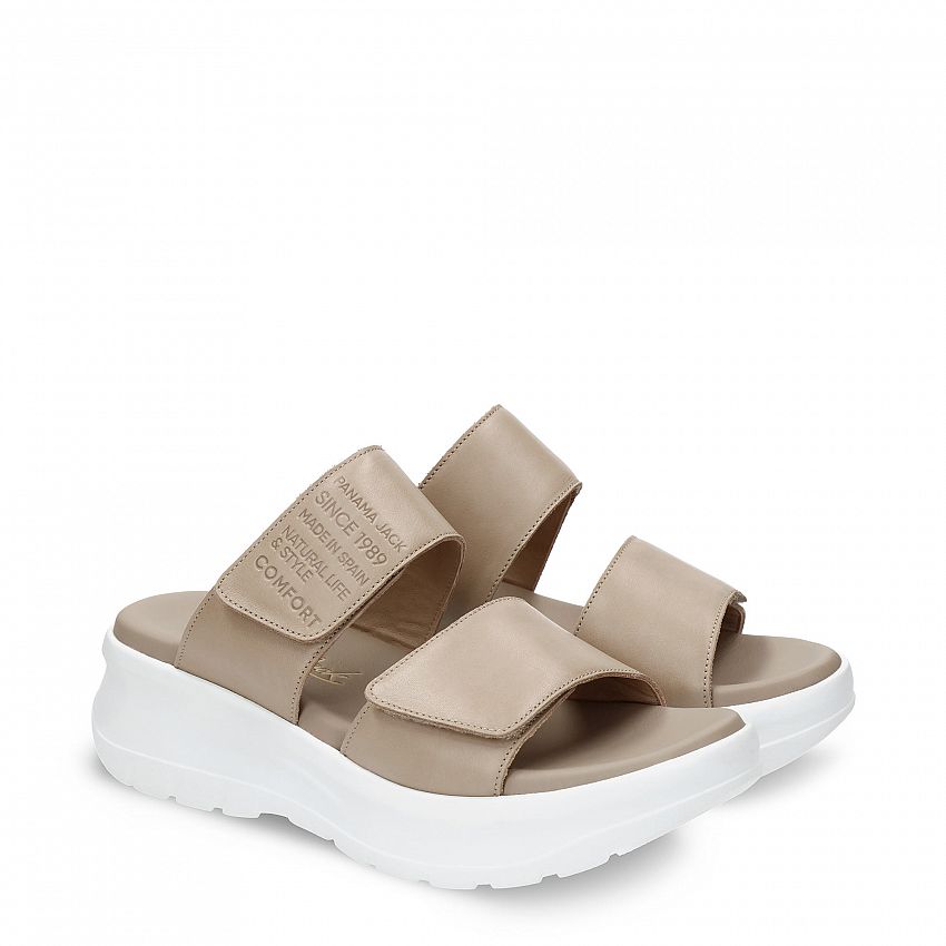 Nila Taupe Napa, Flat woman's sandals with Velcro Closure.