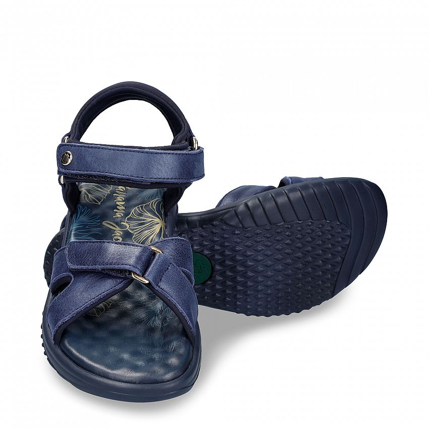 Noja Nacar Navy blue Napa, Flat woman's sandals with Velcro Closure.