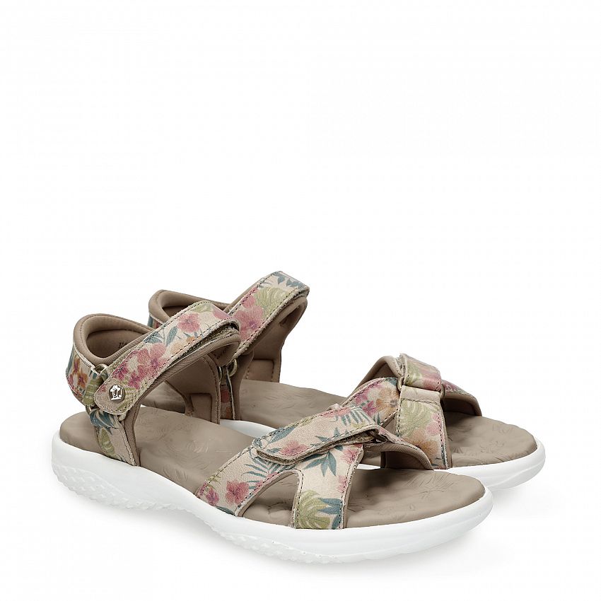 Noja Tropical Beige Napa, Flat woman's sandals with Velcro Closure.