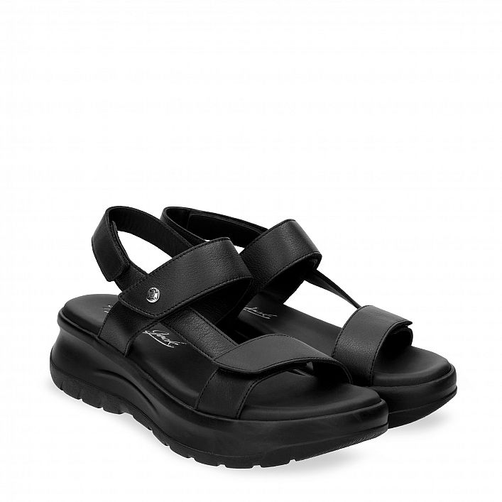 Noor Black Napa, Flat woman's sandals with Velcro Closure.