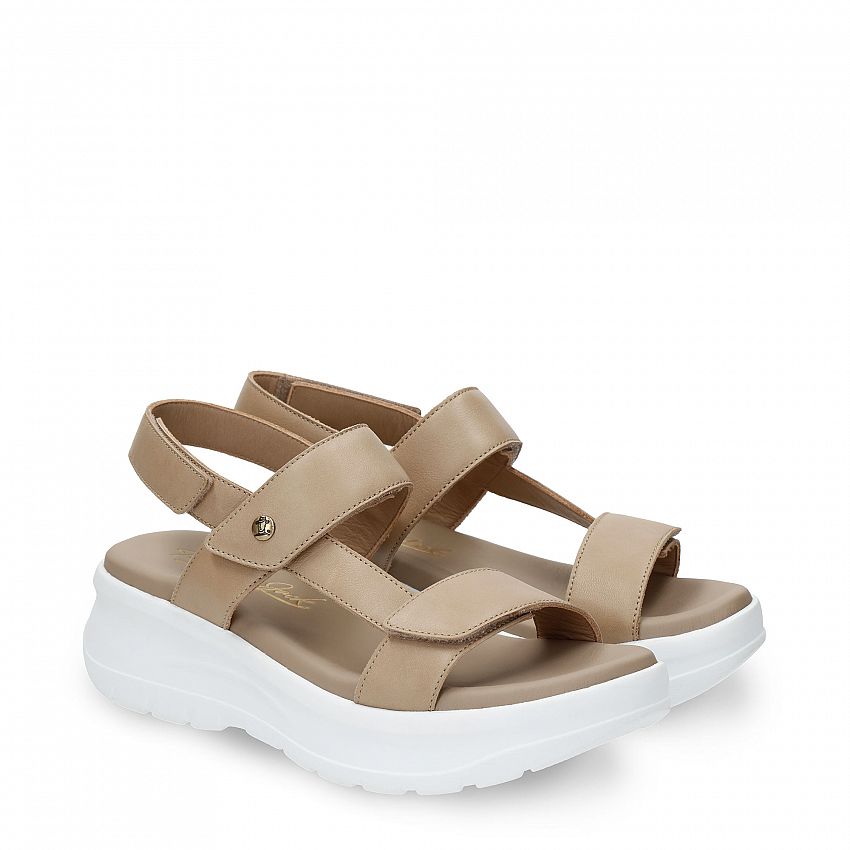 Noor Taupe Napa, Flat woman's sandals with Velcro Closure.