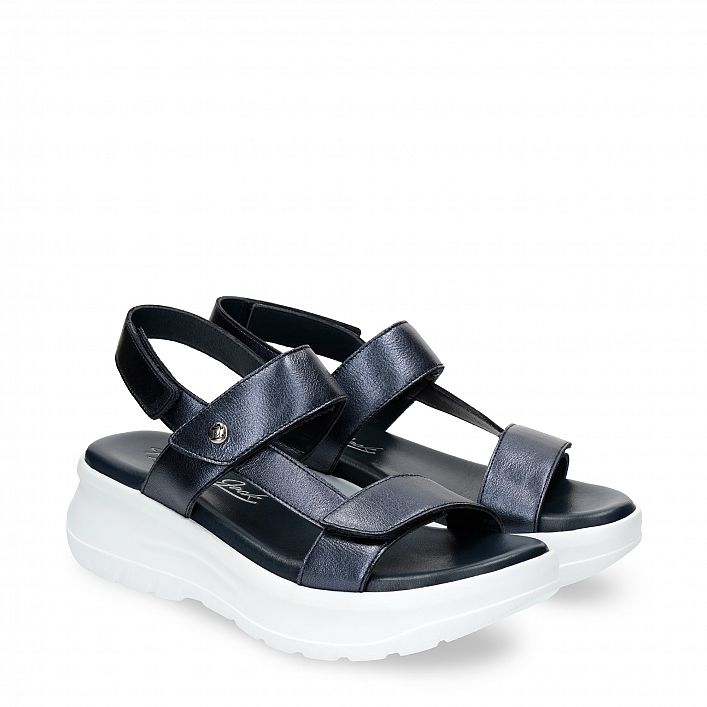 Noor Shine Navy blue Napa, Flat woman's sandals with Velcro Closure.
