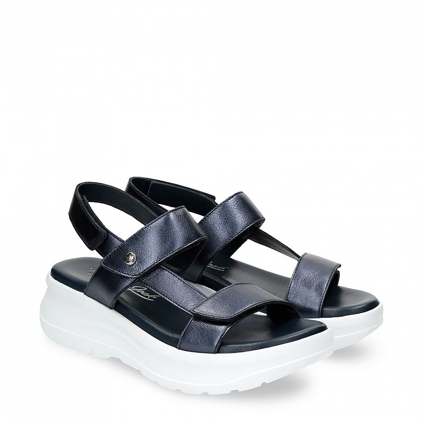 Noor Shine Navy blue Napa, Flat woman's sandals with Velcro Closure.
