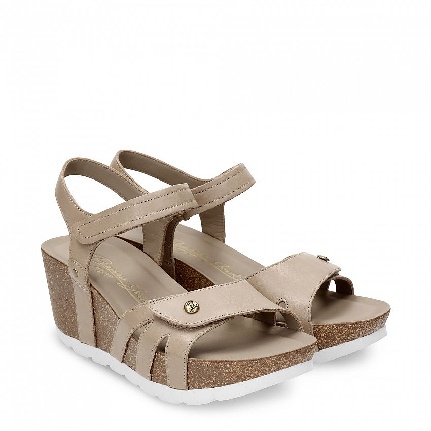 Romy Taupe Napa, Wedge sandals with Velcro Closure.