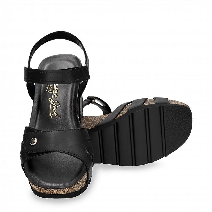 Romy Black Napa Grass, Wedge sandals  Black Oiled Napa Leather.
