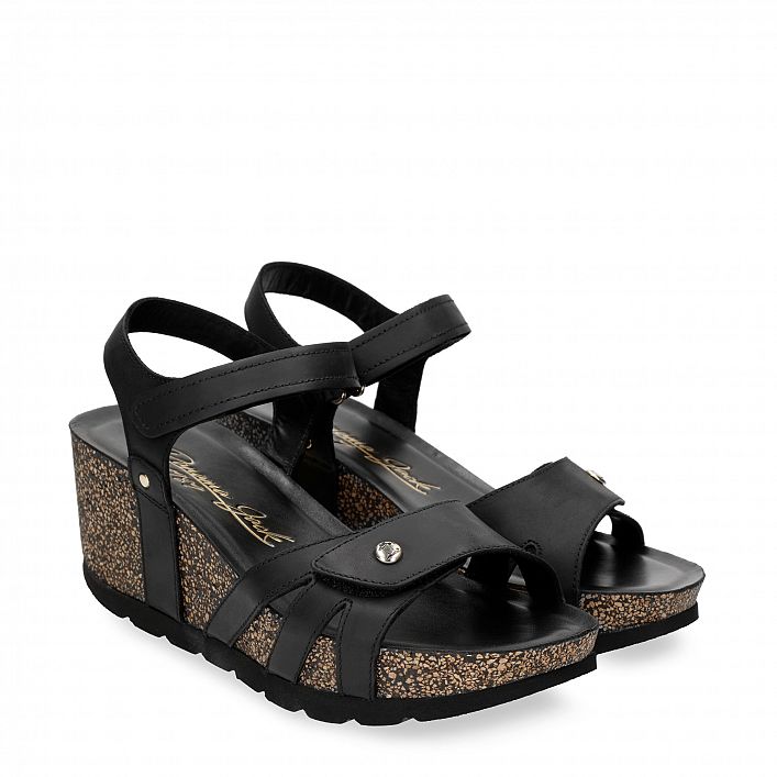 Romy Black Napa Grass, Wedge sandals with Velcro Closure.