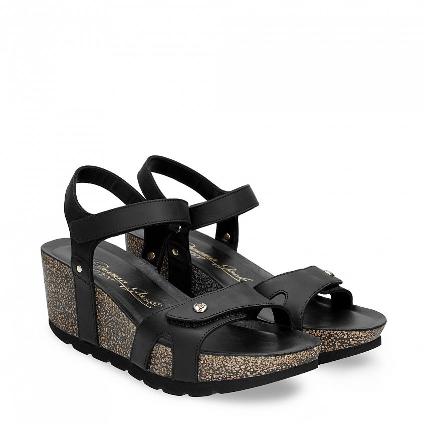 Ruth Black Napa  Grass, Wedge sandals with Velcro Closure.