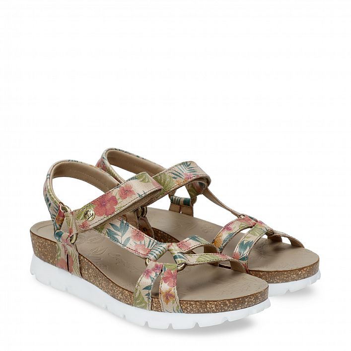 Sally Tropical Beige Napa, Flat woman's sandals with Velcro Closure.
