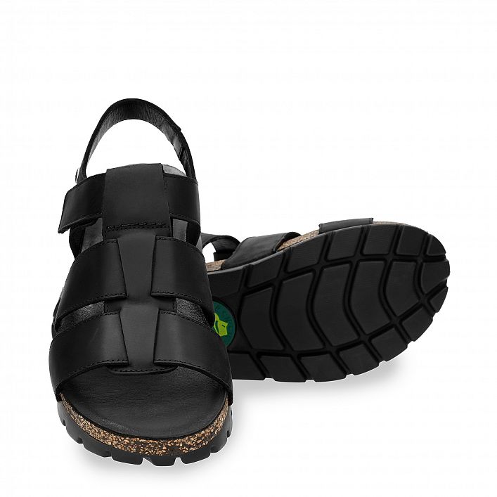 Sammy Black Napa Grass, Flat woman's sandals  Black Oiled Napa Leather.