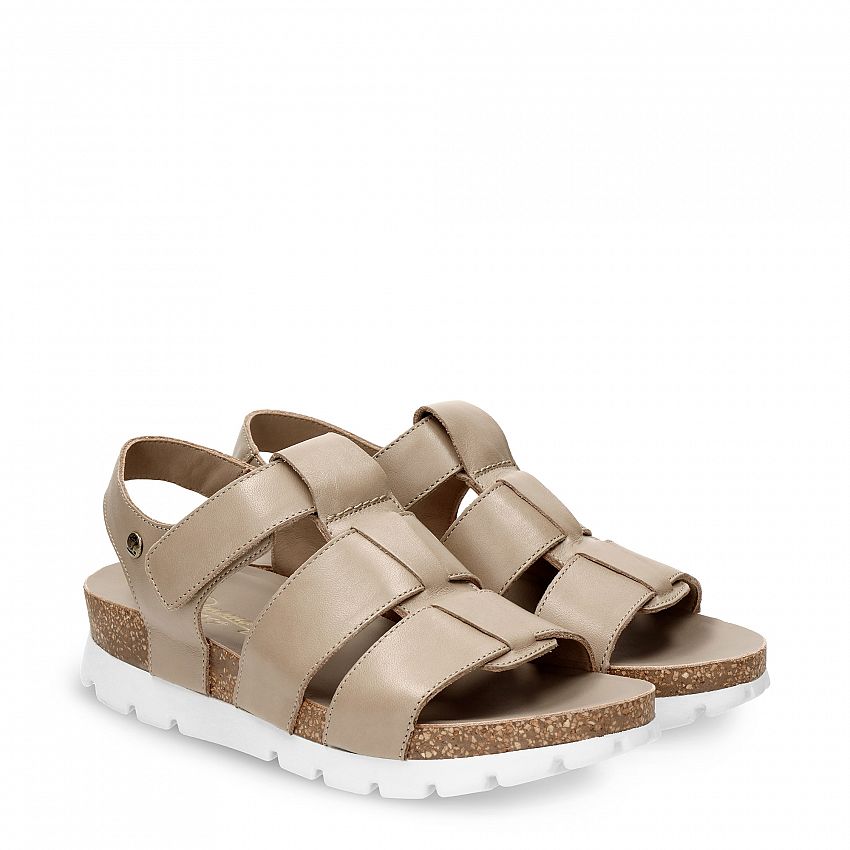 Sammy Taupe Napa, Flat woman's sandals with Velcro Closure.