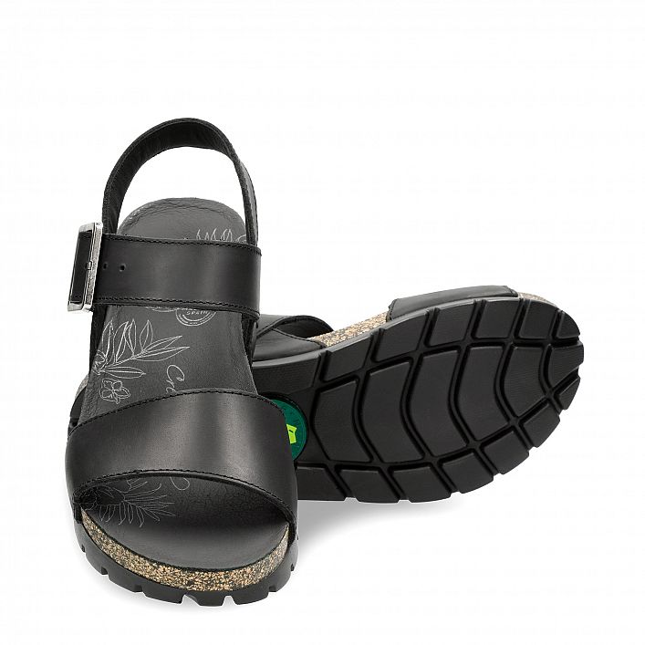 Sandy Black Napa Grass, Flat woman's sandals  Black Oiled Napa Leather.