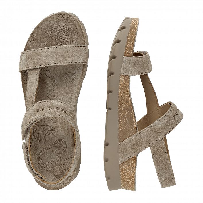 Selma Taupe Velour, Flat woman's sandals with Velcro Closure.