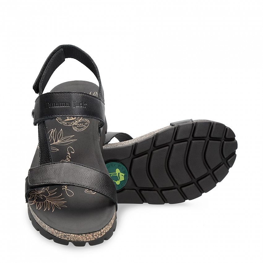 Selma Black Napa, Flat woman's sandals with Velcro Closure.