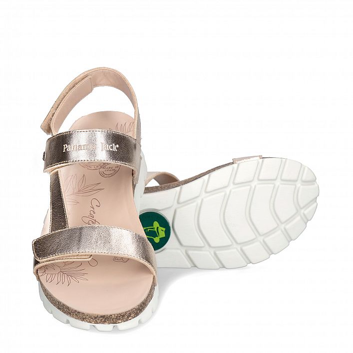 Selma Shine Gold Napa, Flat woman's sandals with Velcro Closure.