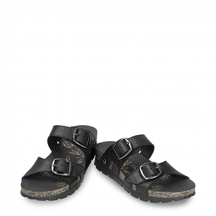 Shirley Black Napa Grass, Flat woman's sandals  Black Oiled Napa Leather.