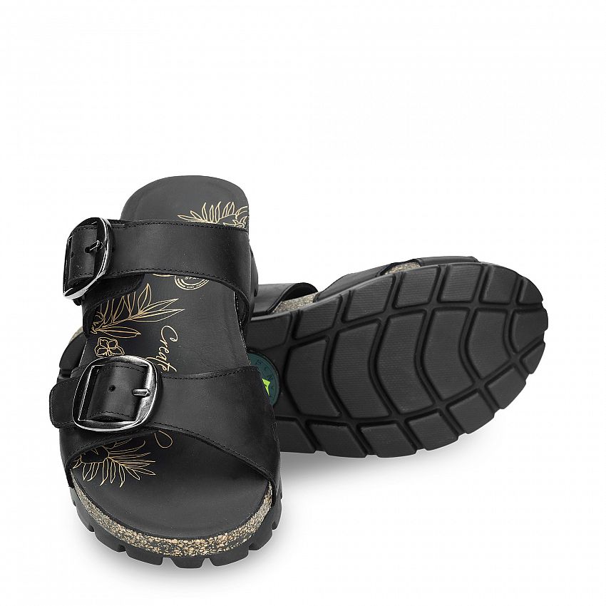 Shirley Black Napa Grass, Flat woman's sandals with Buckle Closure.