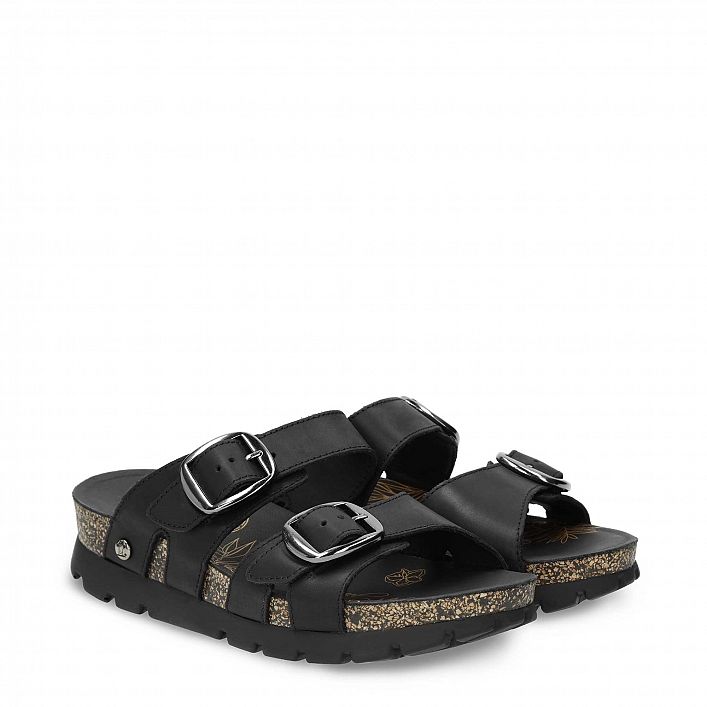 Shirley Black Napa Grass, Flat woman's sandals with Leather lining.