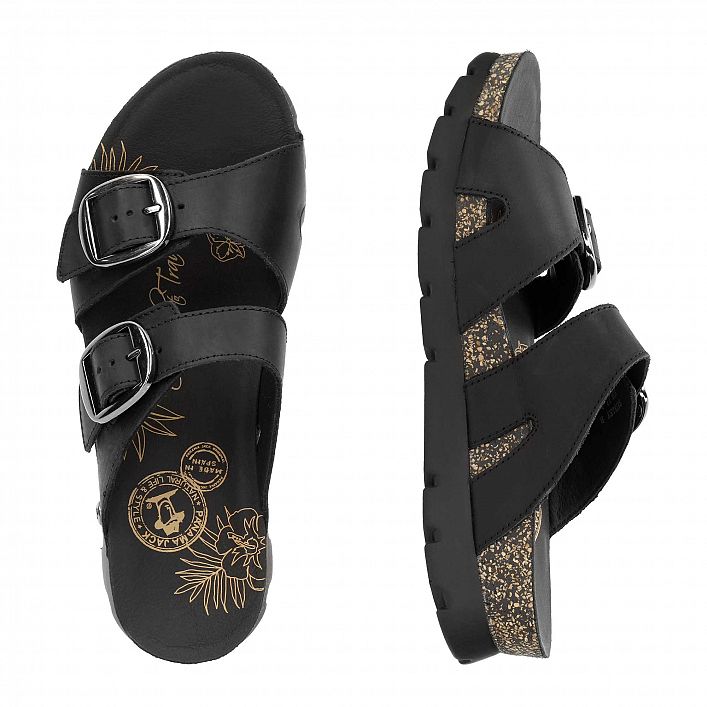 Shirley Black Napa Grass, Flat woman's sandals with Anatomical insole.