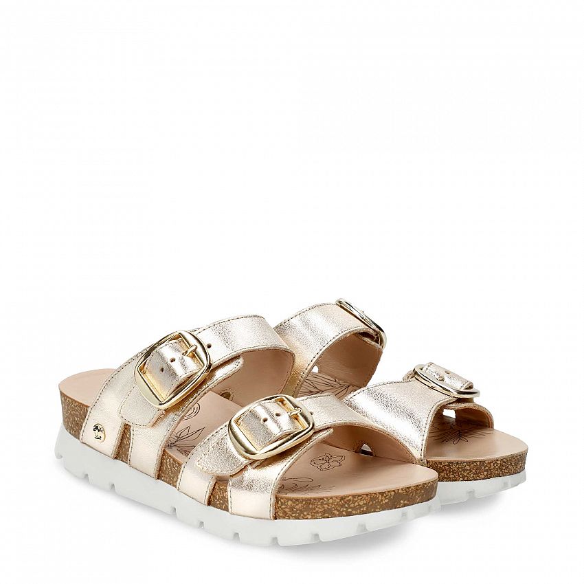 Shirley Gold Napa, Flat woman's sandals with Buckle Closure.