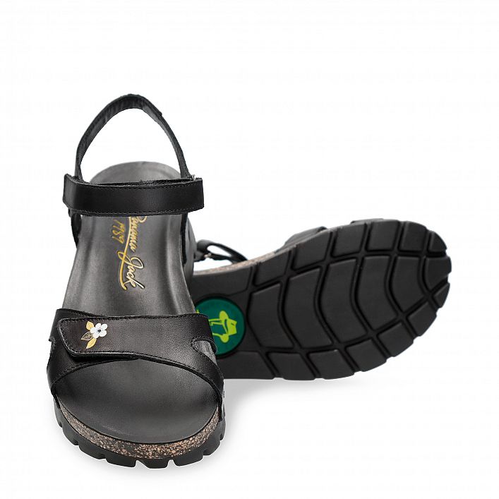 Sulia Blossom Black Napa, Flat woman's sandals  Black Napa Leather.