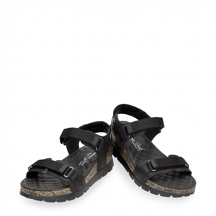 Sun Black Napa Grass, Flat woman's sandals  Black Oiled Napa Leather.
