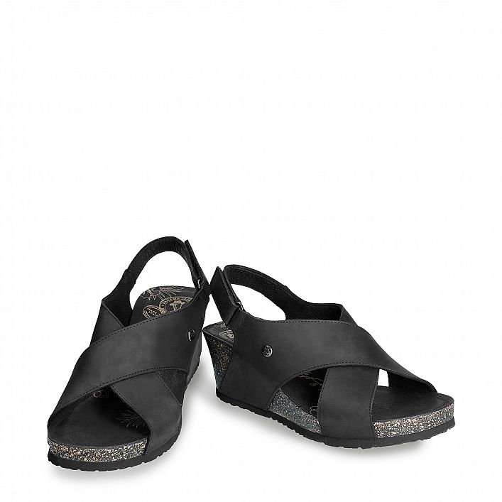 Valeska Basics Black Napa Grass, Wedge sandals  Black Oiled Napa Leather.