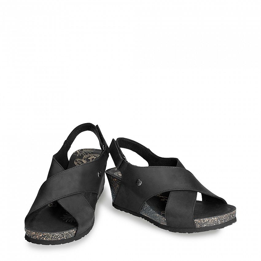 Valeska Basics Black Napa Grass, Wedge sandals  Black Oiled Napa Leather.