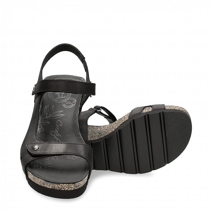 Varel Black Napa Grass, Wedge sandals  Black Oiled Napa Leather.