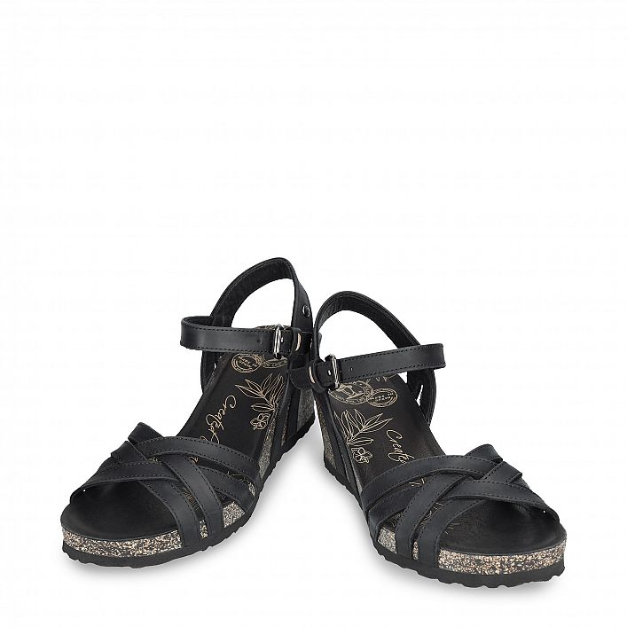Vera Basics Black Napa Grass, Wedge sandals  Black Oiled Napa Leather.