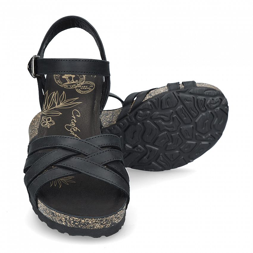 Vera Basics Black Napa Grass, Wedge sandals with Buckle Closure.