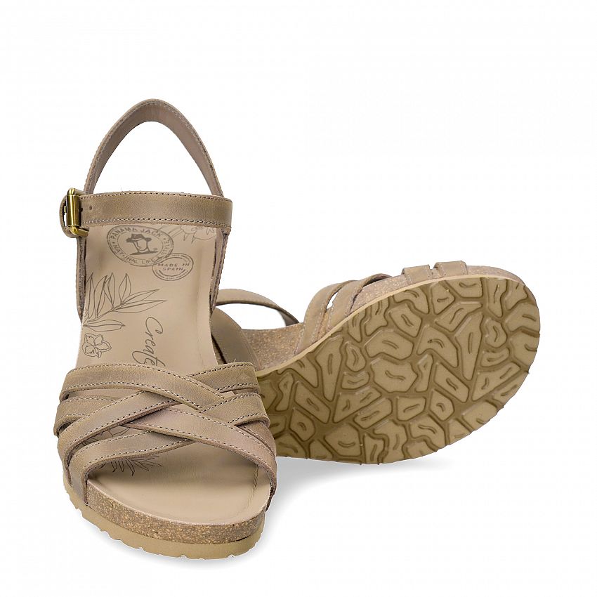 Vera Basics Taupe Napa Grass, Wedge sandals with Buckle Closure.