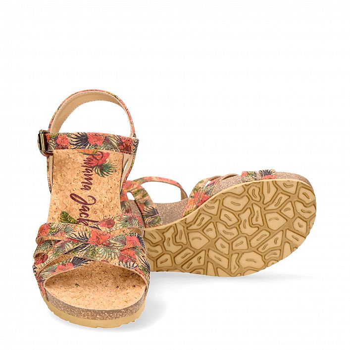 Vera Cork Red Tejido, Wedge sandals with Buckle Closure.