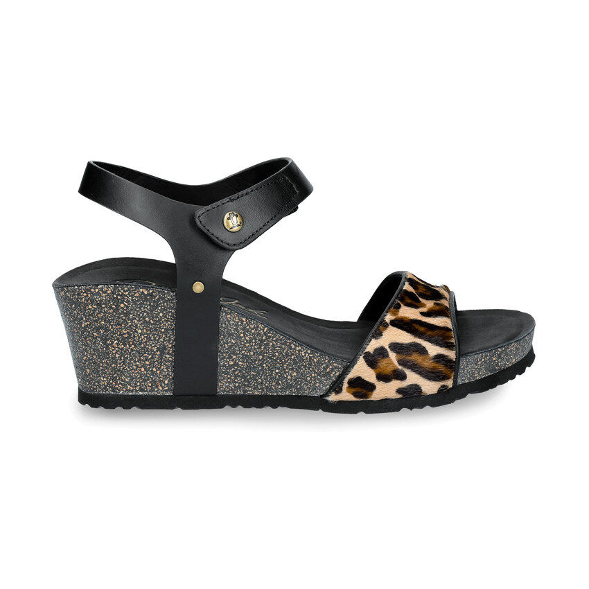 Victory Leopard Beige T, Black sandal with leather lining
