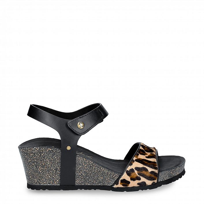 Victory Leopard Beige T, Black sandal with leather lining